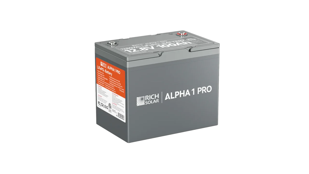 High quality photo of the Rich Solar - RS-B121SP - Rich Solar Alpha 1 Pro 12V 100Ah LiFePO4 Battery isolated left view. Photographed by Current Connected.