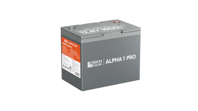 High quality photo of the Rich Solar - RS-B121SP - Rich Solar Alpha 1 Pro 12V 100Ah LiFePO4 Battery isolated left view. Photographed by Current Connected.