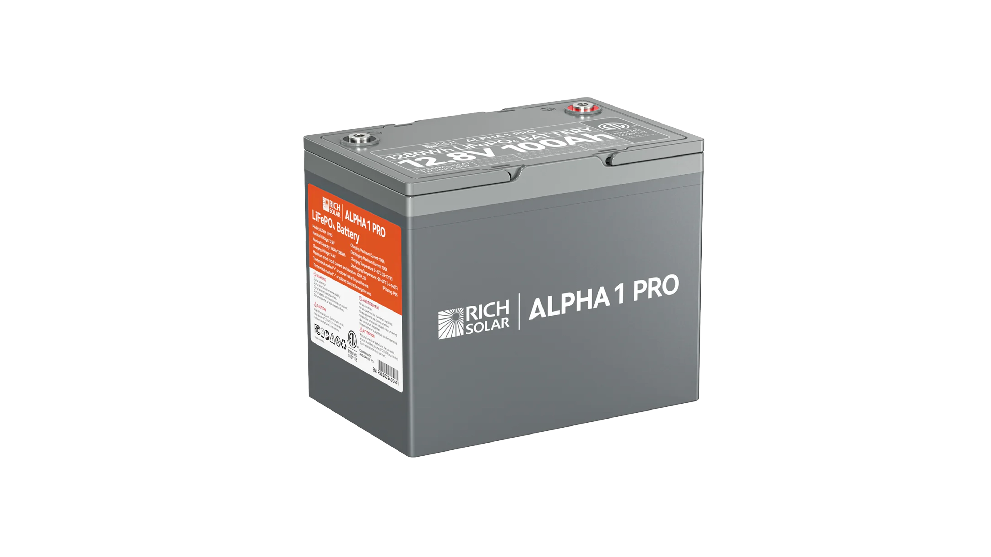 High quality photo of the Rich Solar - RS-B121SP - Rich Solar Alpha 1 Pro 12V 100Ah LiFePO4 Battery isolated left view. Photographed by Current Connected.