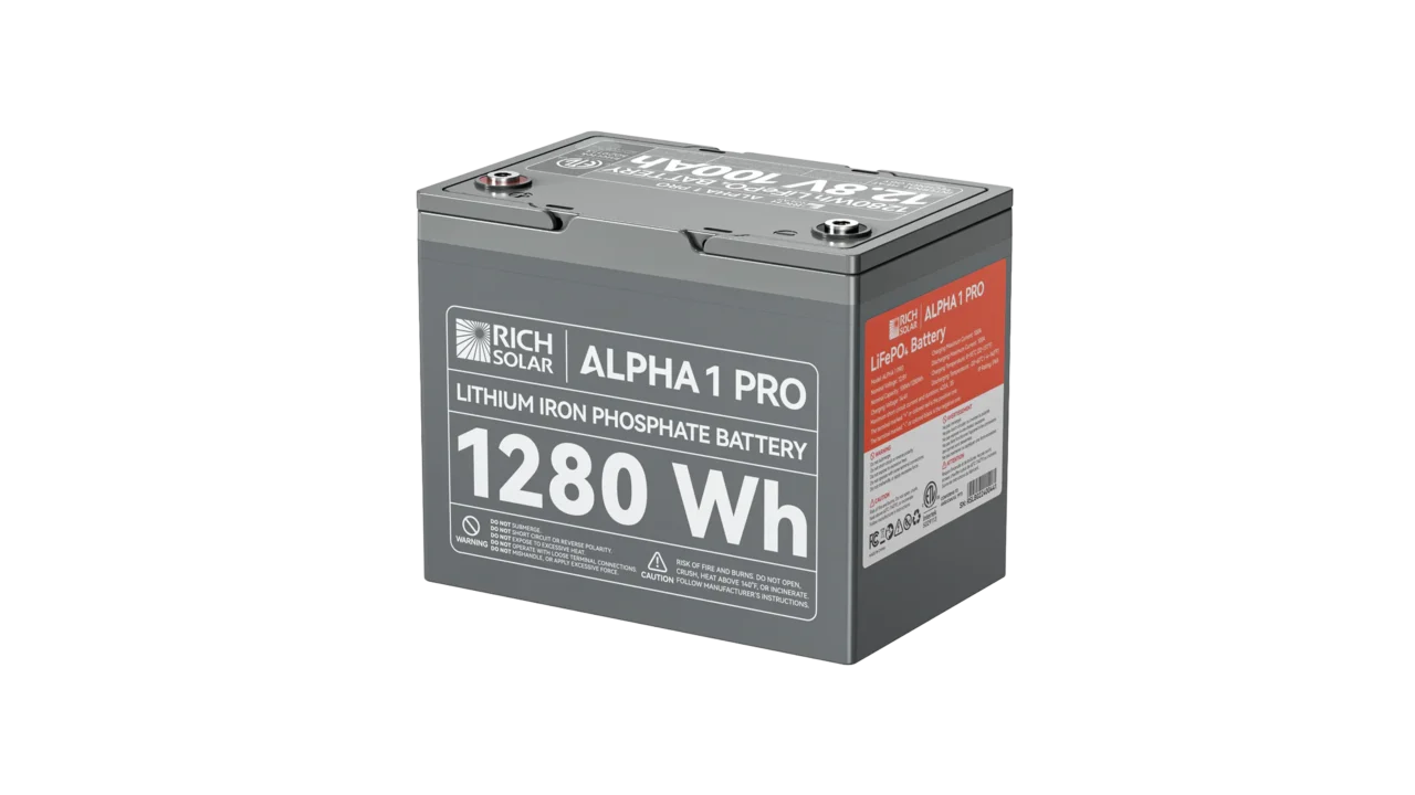 High quality photo of the Rich Solar - RS-B121SP - Rich Solar Alpha 1 Pro 12V 100Ah LiFePO4 Battery isolated right view. Photographed by Current Connected.