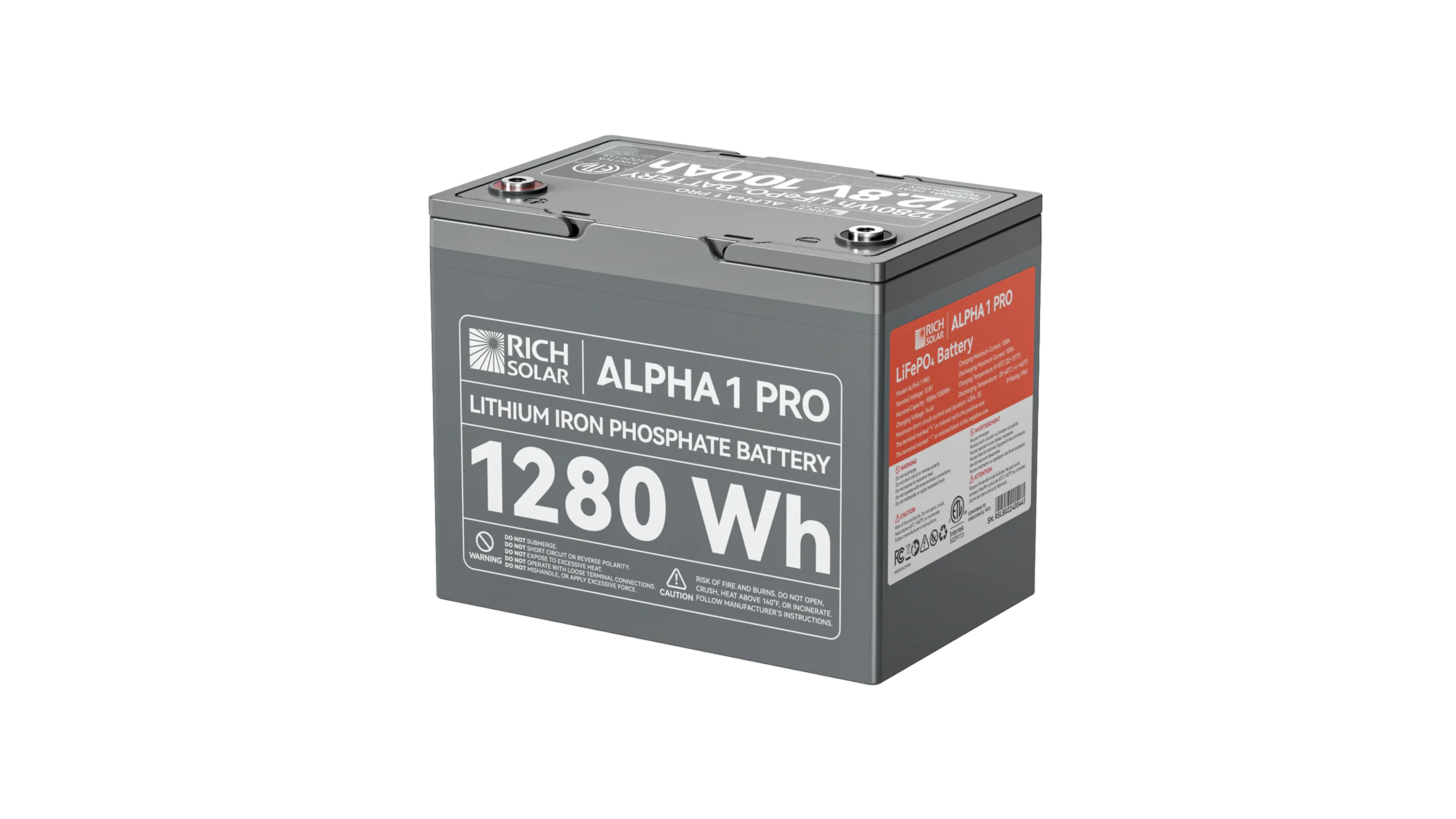 High quality photo of the Rich Solar - RS-B121SP - Rich Solar Alpha 1 Pro 12V 100Ah LiFePO4 Battery isolated right view. Photographed by Current Connected.