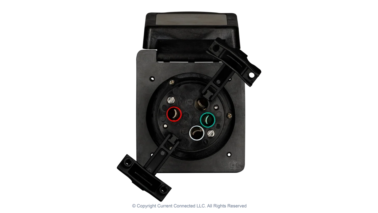 High quality photo of the Marinco 50A twist-lock power inlet with cable inserts open for display, photographed by Current Connected
