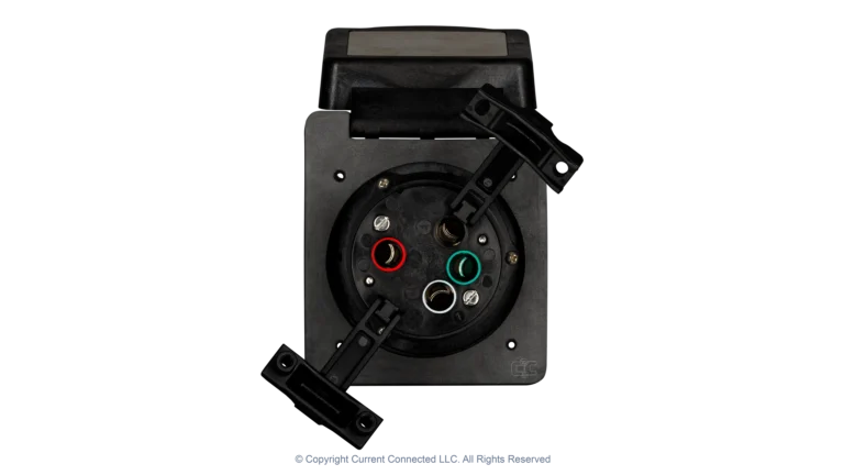 High quality photo of the Marinco 50A twist-lock power inlet with cable inserts open for display, photographed by Current Connected