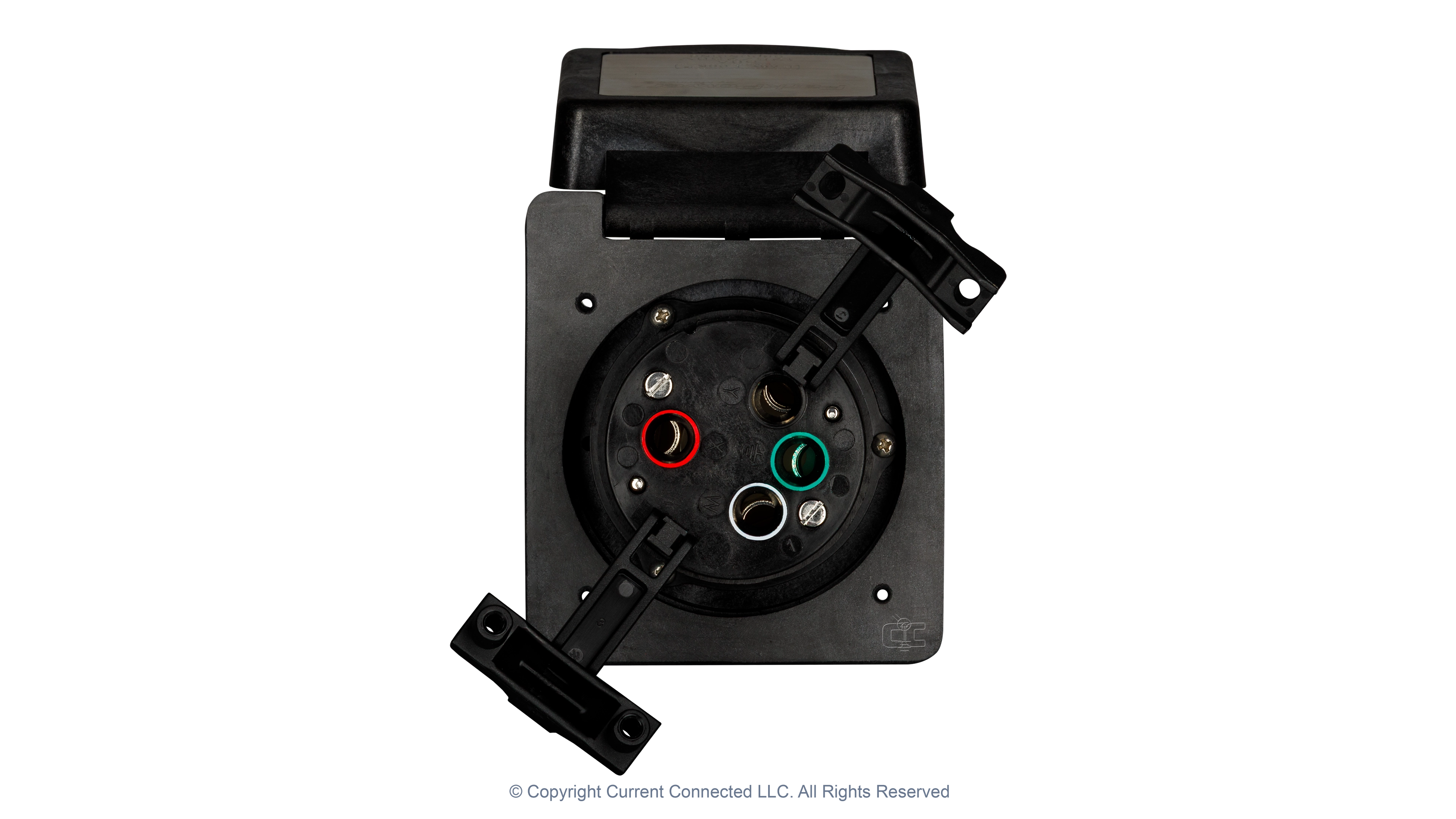 50A 125250V Standard RV Power Inlet Black Plug Connections High quality photo of the Marinco 50A twist-lock power inlet with cable inserts open for display, photographed by Current Connected