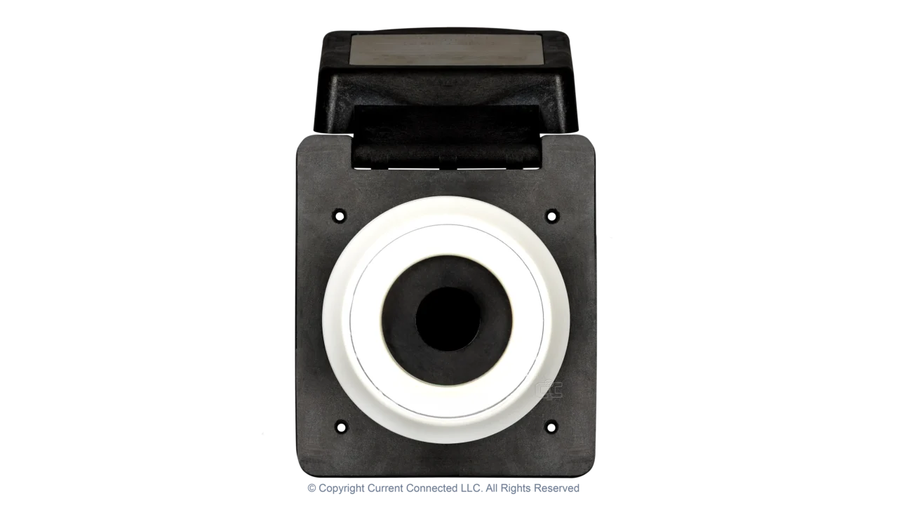 High quality photo of the Marinco 50A twist-lock power inlet with the door in the open position, photographed by Current Connected