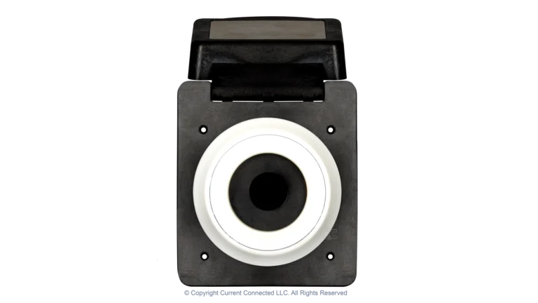 High quality photo of the Marinco 50A twist-lock power inlet with the door in the open position, photographed by Current Connected