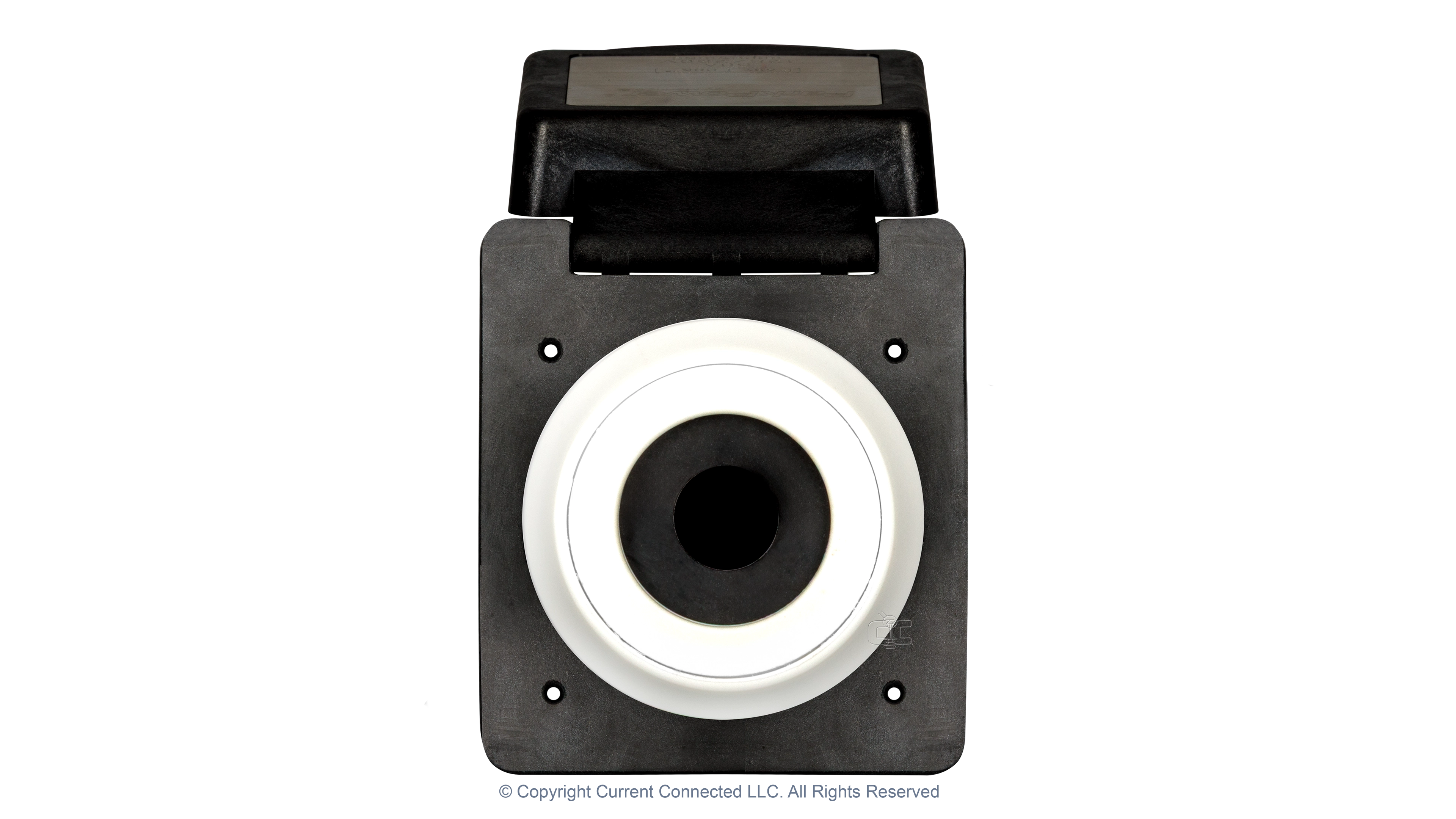 50A 125250V Standard RV Power Inlet Black Back High quality photo of the Marinco 50A twist-lock power inlet with the door in the open position, photographed by Current Connected