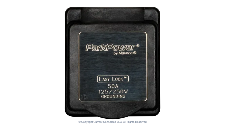 High quality photo of the Marinco 50A twist-lock power inlet with the door in the closed position, photographed by Current Connected