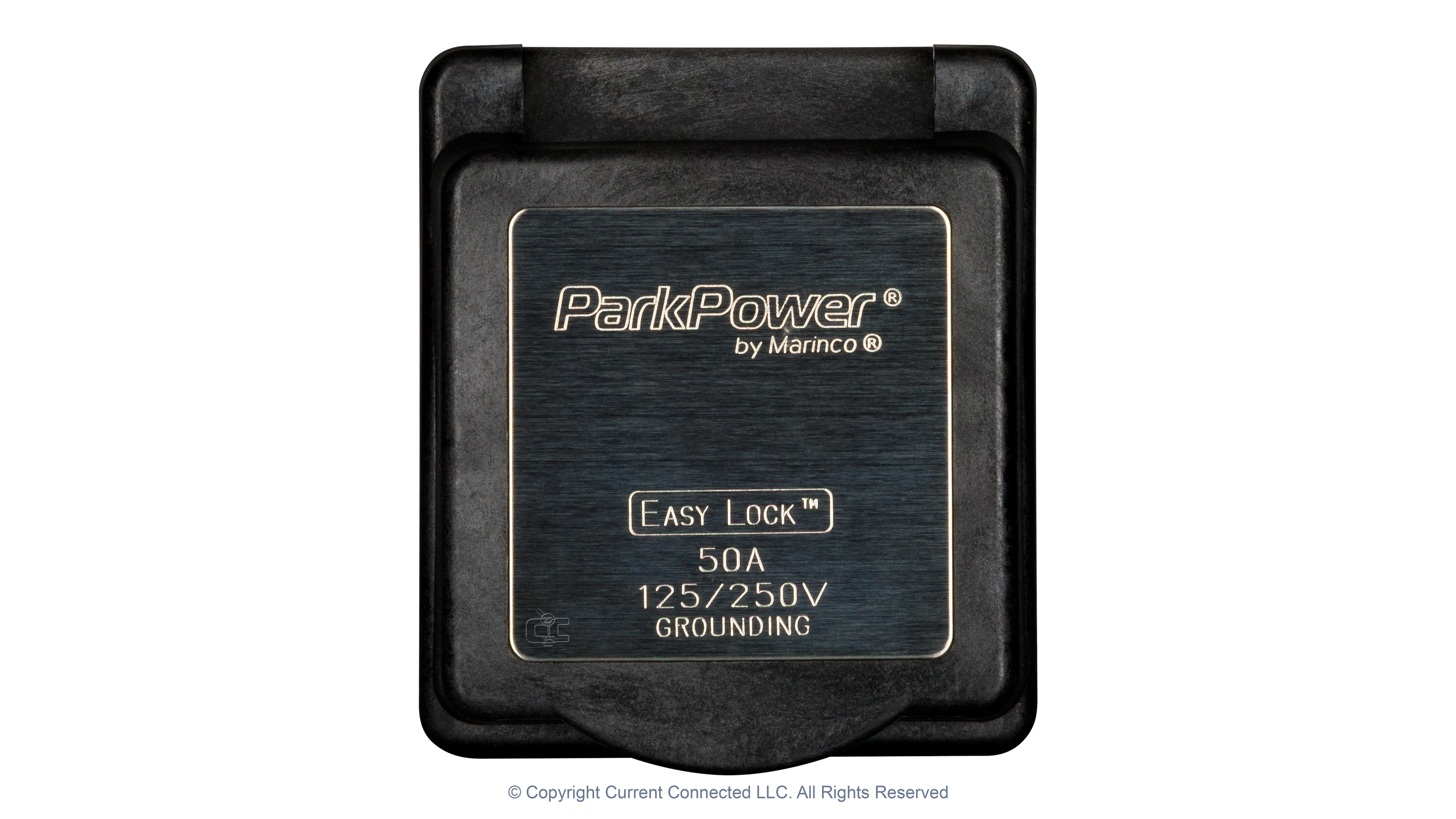 50A 125250V Standard RV Power Inlet Black Front Closed High quality photo of the Marinco 50A twist-lock power inlet with the door in the closed position, photographed by Current Connected