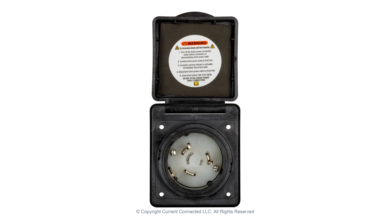 High quality photo of the Marinco 50A twist-lock power inlet with the door opened, photographed by Current Connected