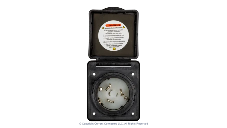 High quality photo of the Marinco 50A twist-lock power inlet with the door opened, photographed by Current Connected