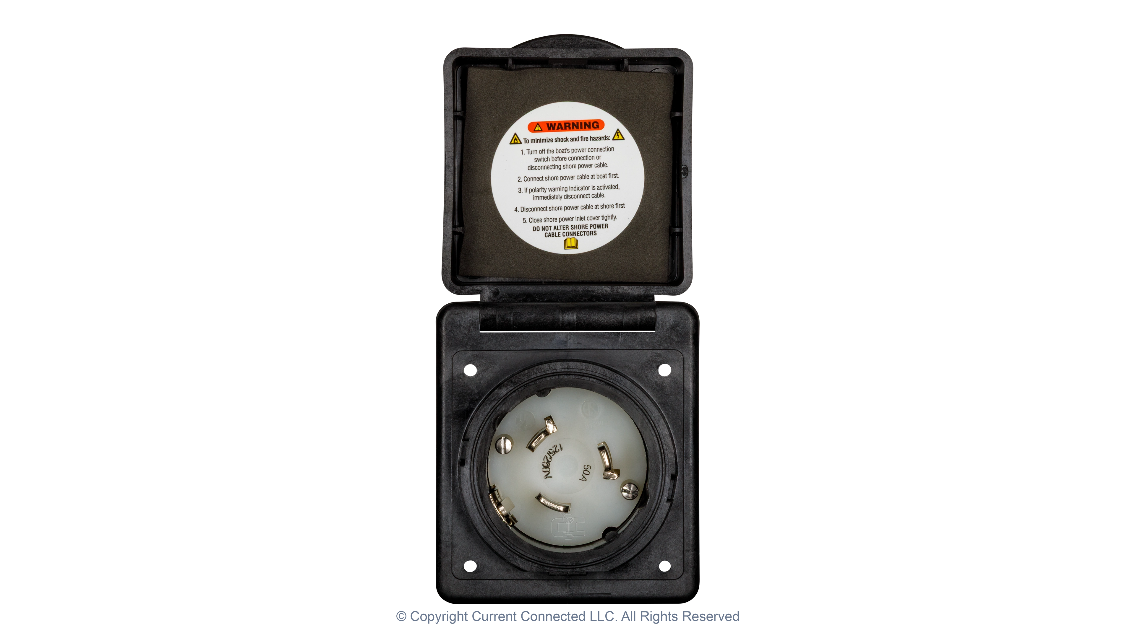 50A 125250V Standard RV Power Inlet Black Front Open High quality photo of the Marinco 50A twist-lock power inlet with the door opened, photographed by Current Connected
