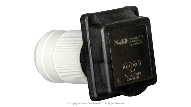 High quality photo of a Marinco 50A twist-lock power inlet, photographed by Current Connected