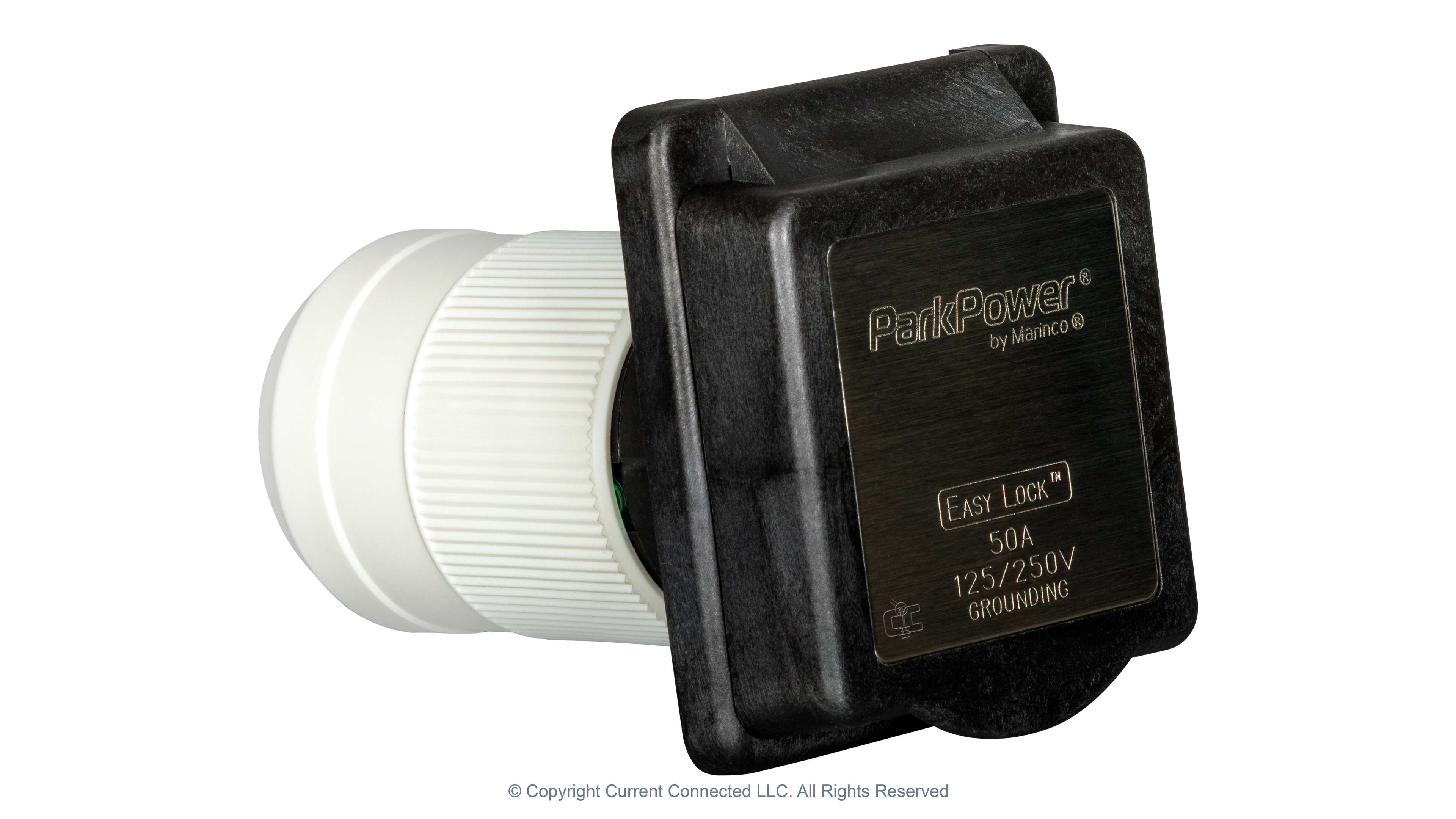 50A 125250V Standard RV Power Inlet Black ISO High quality photo of a Marinco 50A twist-lock power inlet, photographed by Current Connected