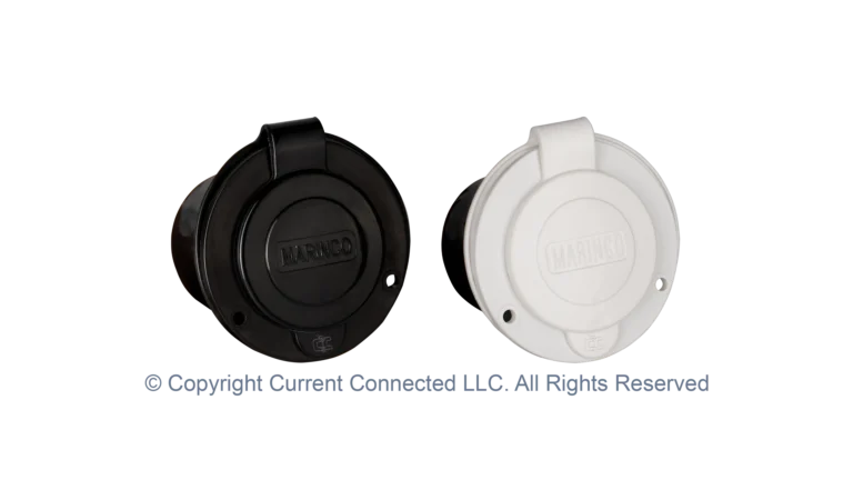 High quality photo of the Marinco - 150BBI.RV - 15A 125V Straight Blade Power Inlet - Both Black and White. Photographed by Current Connected.