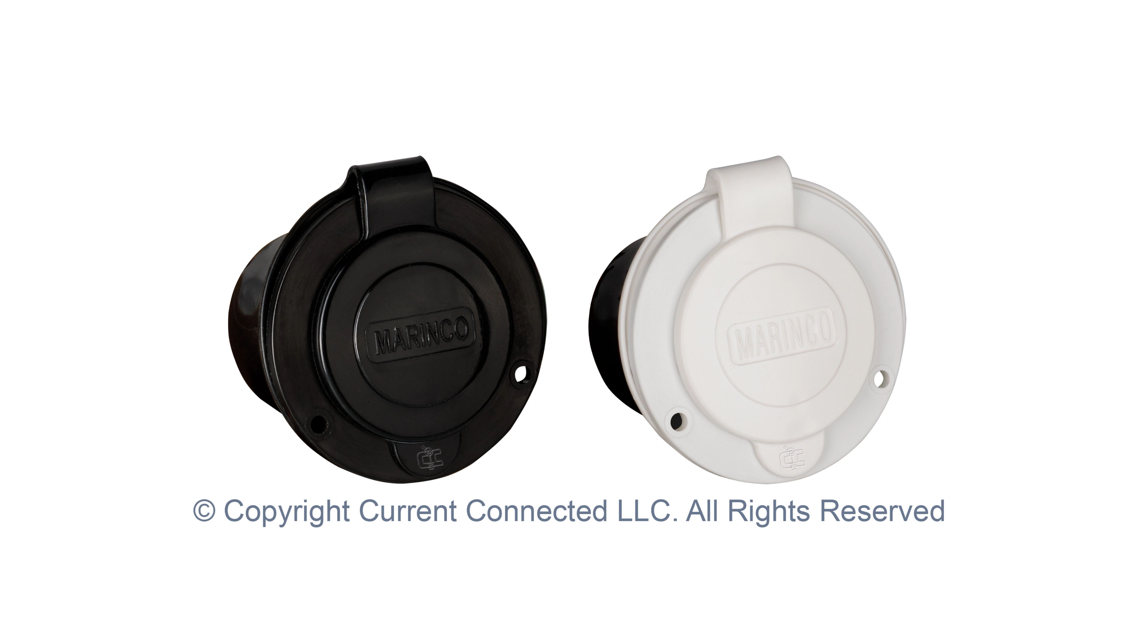 High quality photo of the Marinco - 150BBI.RV - 15A 125V Straight Blade Power Inlet - Both Black and White. Photographed by Current Connected.