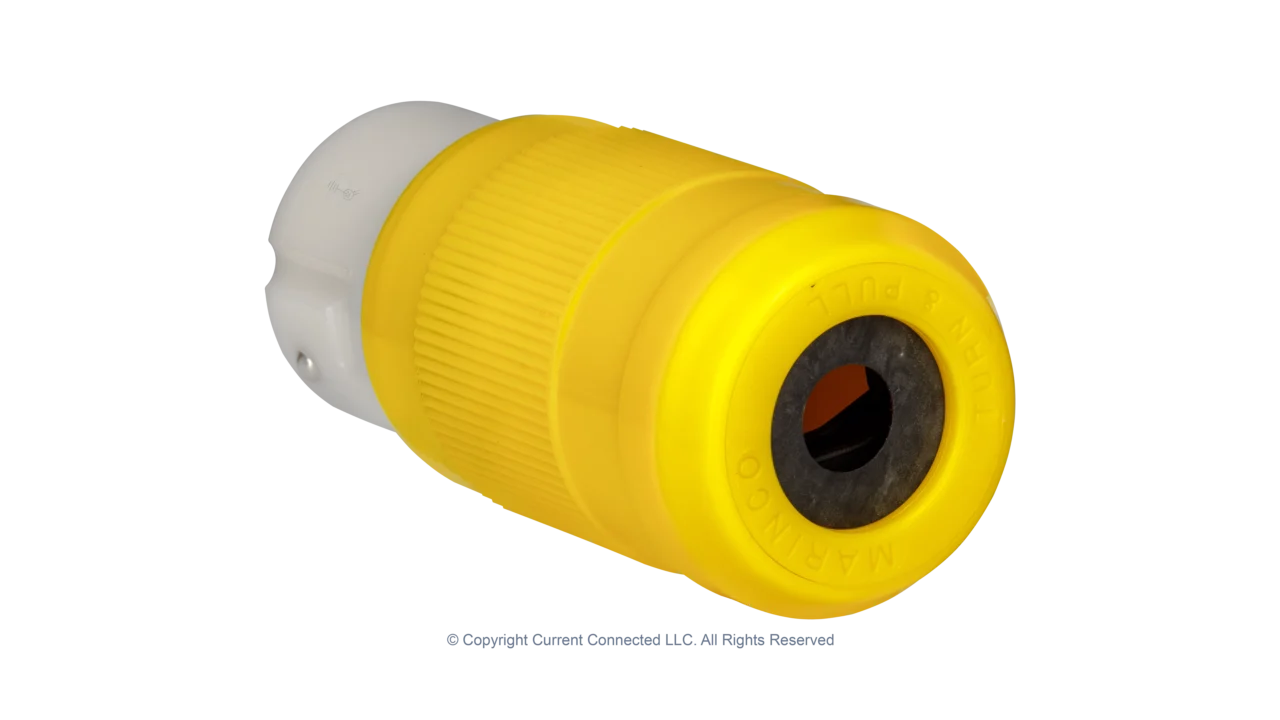 High quality photo of the cable gland end of a Marinco 50A twist-lock cord-end with the boot removed, photographed by Current Connected