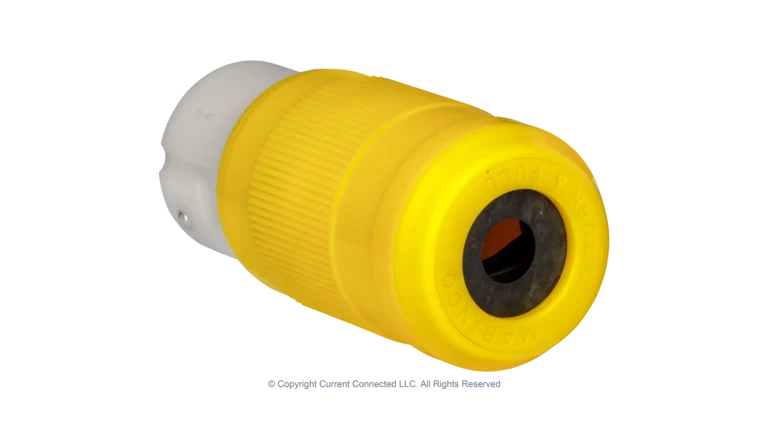 High quality photo of the cable gland end of a Marinco 50A twist-lock cord-end with the boot removed, photographed by Current Connected