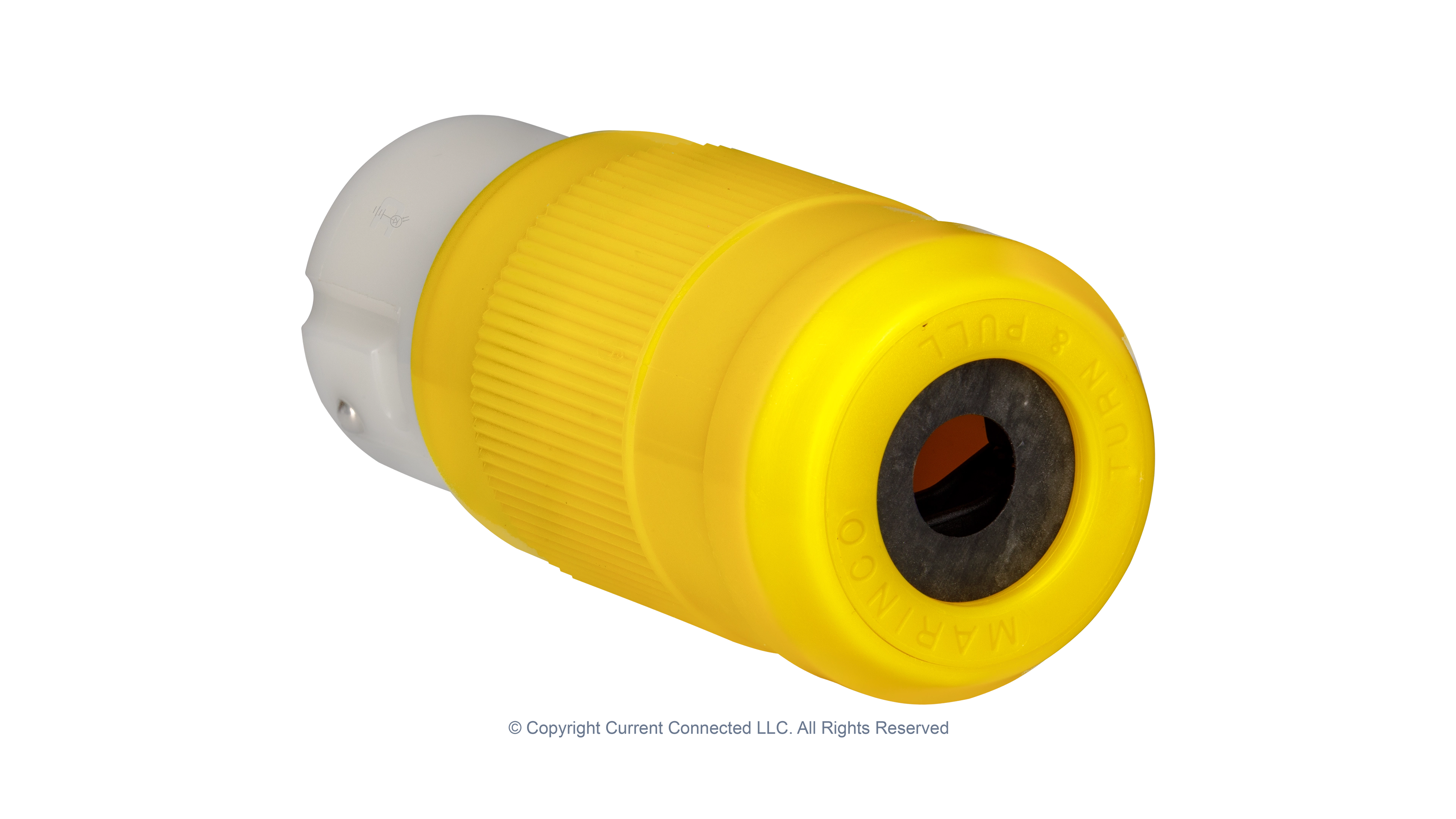 Marinco - 6364CRV.VPK - 50A Connector + Boot Kit - ISO Back High quality photo of the cable gland end of a Marinco 50A twist-lock cord-end with the boot removed, photographed by Current Connected