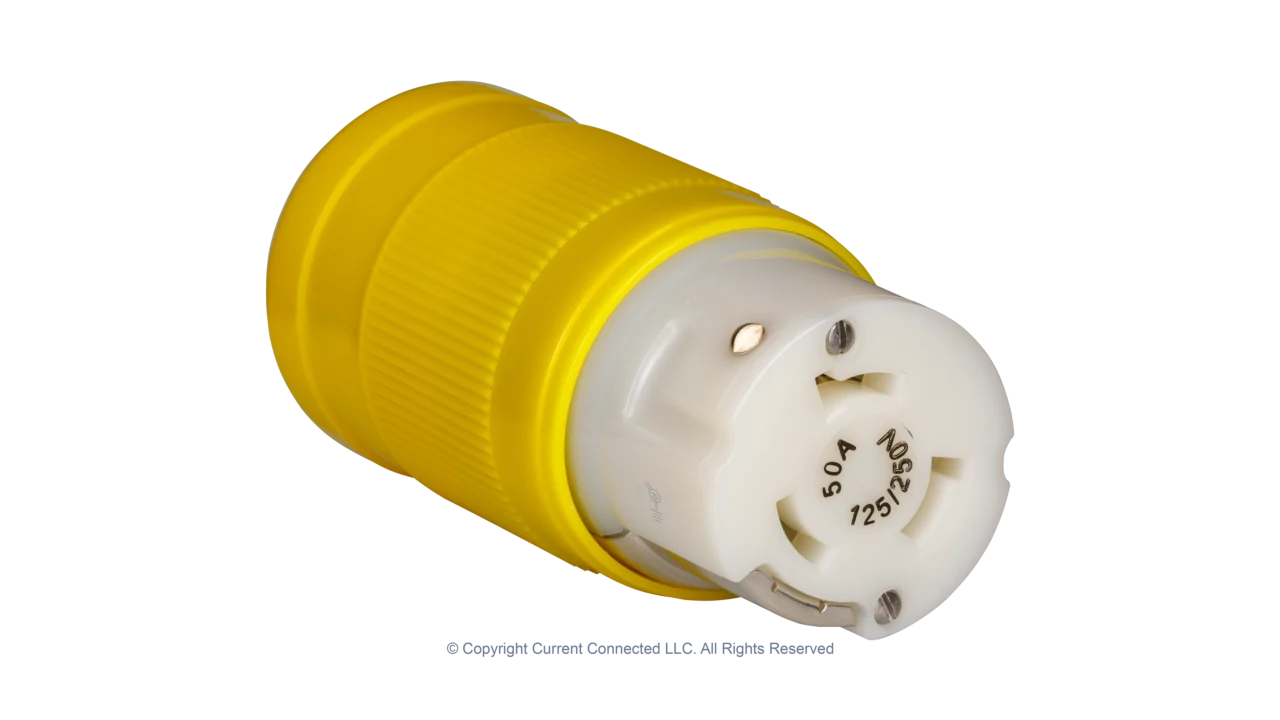 High quality photo of the Marinco 50A twist-lock cord-end with boot removed, photographed by Current Connected
