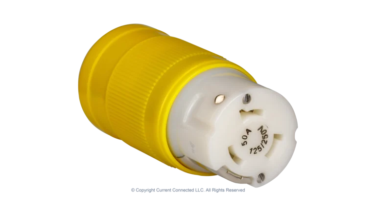 High quality photo of the Marinco 50A twist-lock cord-end with boot removed, photographed by Current Connected