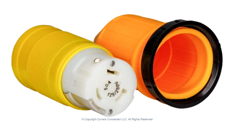 High quality isometric photo of a Marinco 50A twist-lock cord-end + boot kit, photographed by Current Connected