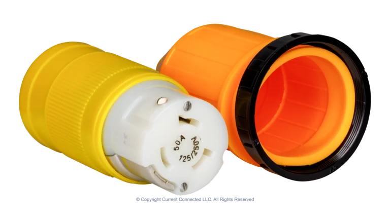 High quality isometric photo of a Marinco 50A twist-lock cord-end + boot kit, photographed by Current Connected