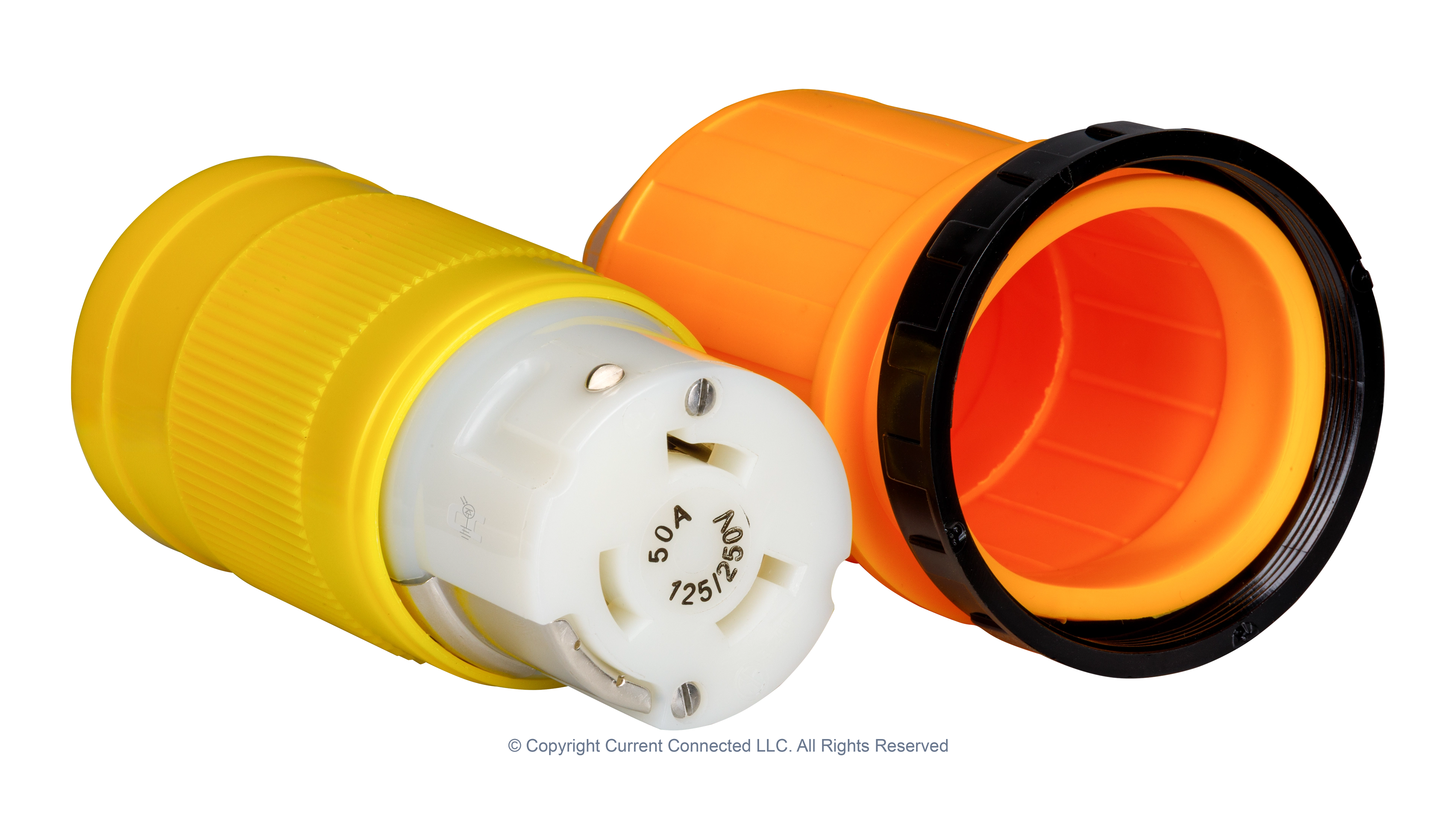 Marinco - 6364CRV.VPK - 50A Connector + Boot Kit - ISO High quality isometric photo of a Marinco 50A twist-lock cord-end + boot kit, photographed by Current Connected