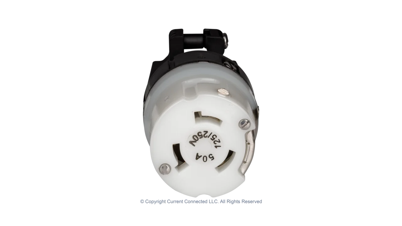 High quality photo of the contact side of a Marinco 50A twist-lock cord-end with the boot removed, photographed by Current Connected