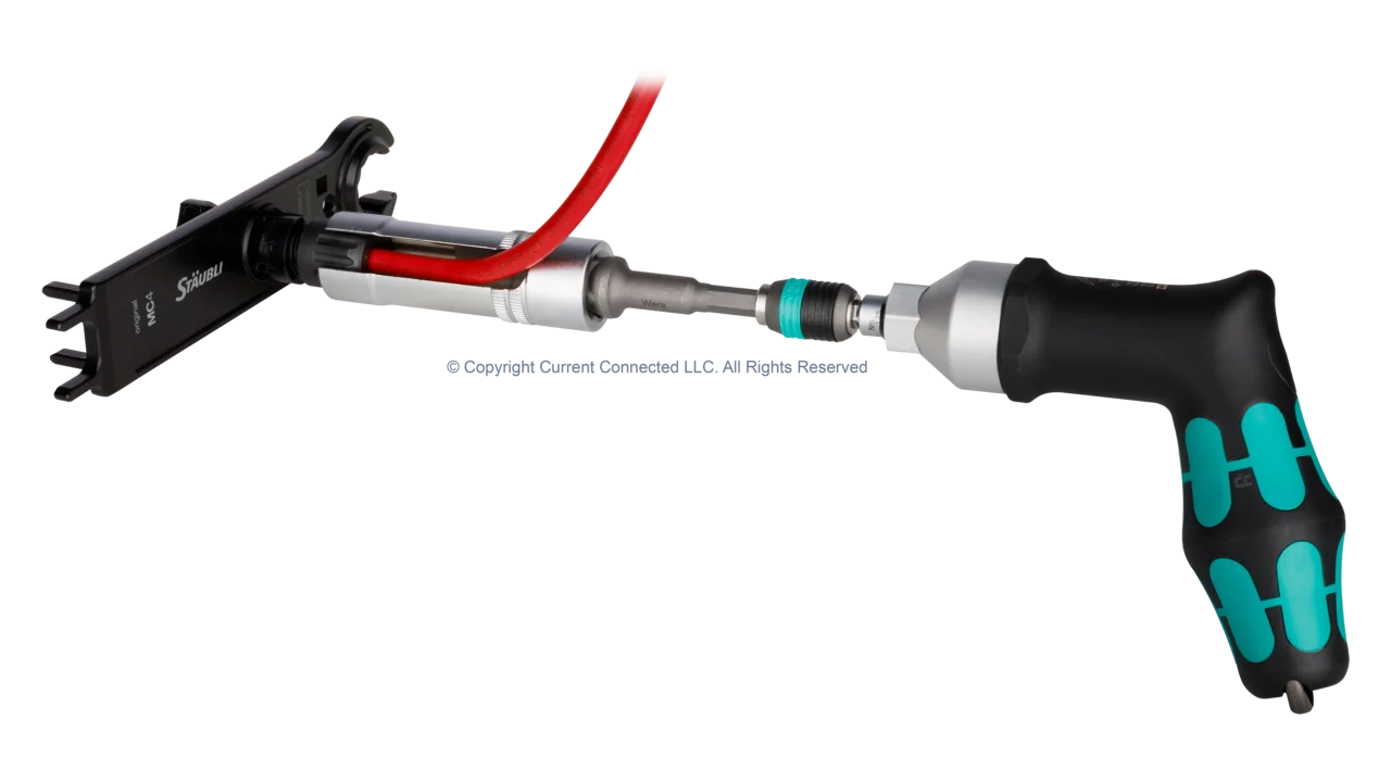 High quality photo of the Staubli - 32.6128-64100 - MC4 and MC4-Evo 2 Connector Installation Tool Set (UL) - Torque Tool In-Use. Photographed by Current Connected