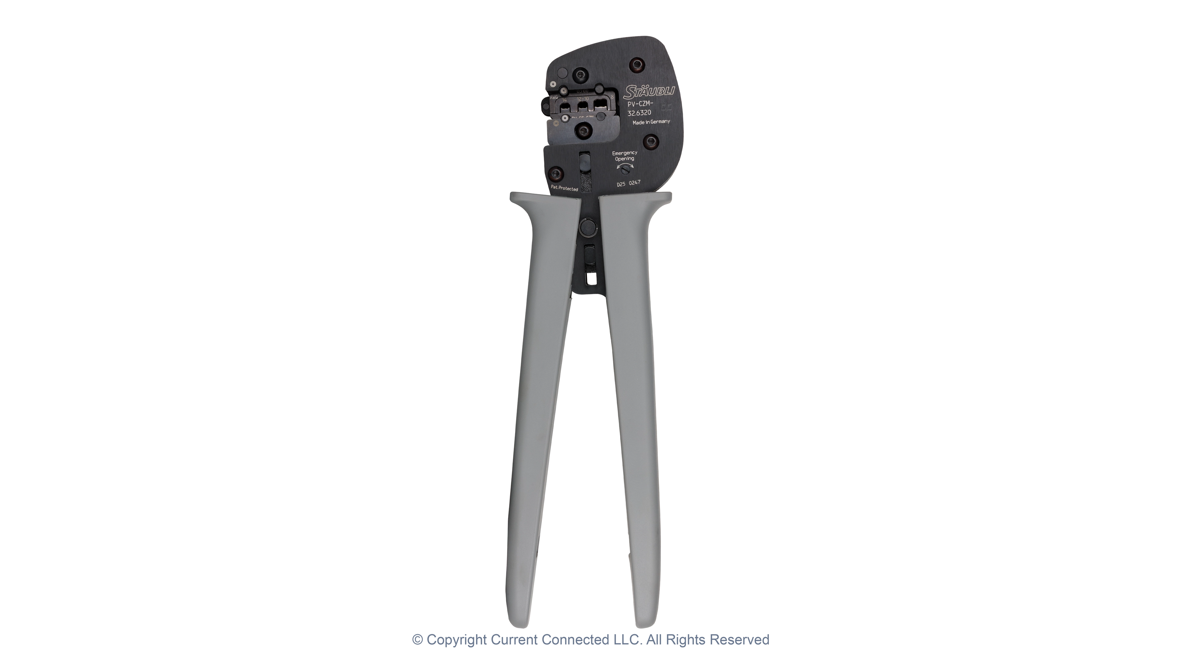 Staubli - PV-CZM-326320 - Crimping Pliers - Side View Closed High quality photo of the Staubli - PV-CZM-326320 - Crimping Pliers - Side View Closed. Photographed by Current Connected