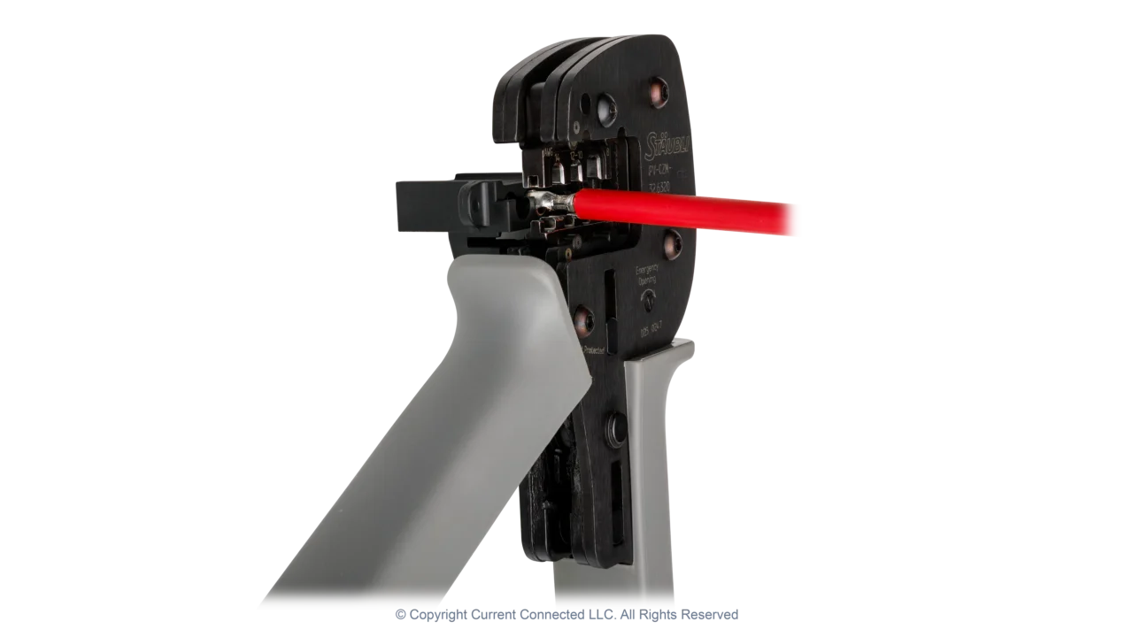 High quality photo of the Staubli - PV-CZM-326320 - Crimping Pliers - In-Use Angled View. Photographed by Current Connected