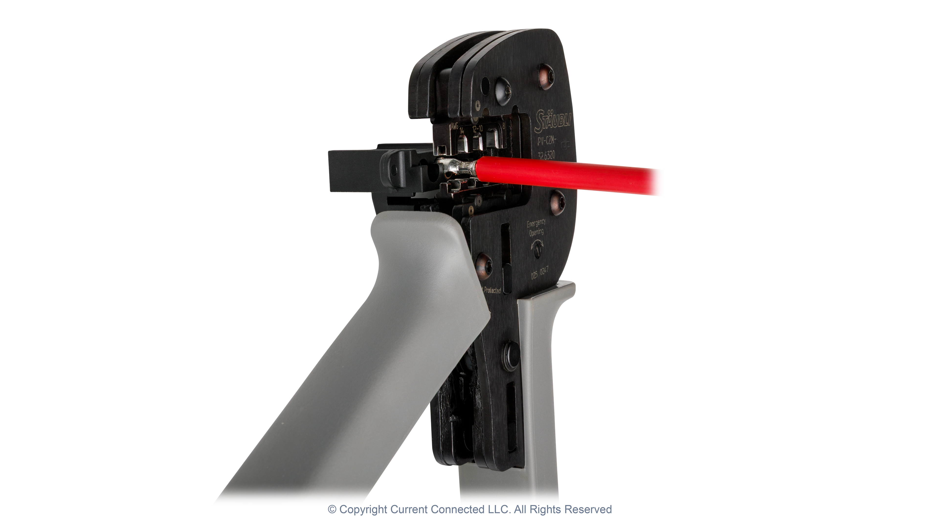 Staubli - PV-CZM-326320 - Crimping Pliers - In-Use Angled View High quality photo of the Staubli - PV-CZM-326320 - Crimping Pliers - In-Use Angled View. Photographed by Current Connected