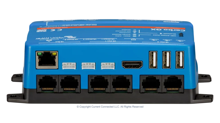High quality photo of the top connections (VE.CAN, VE.BUS, VE.Direct, ethernet, HDMI) on the Victron BPP900451100 Cerbo GX MK2 System Controller - photographed by Current Connected