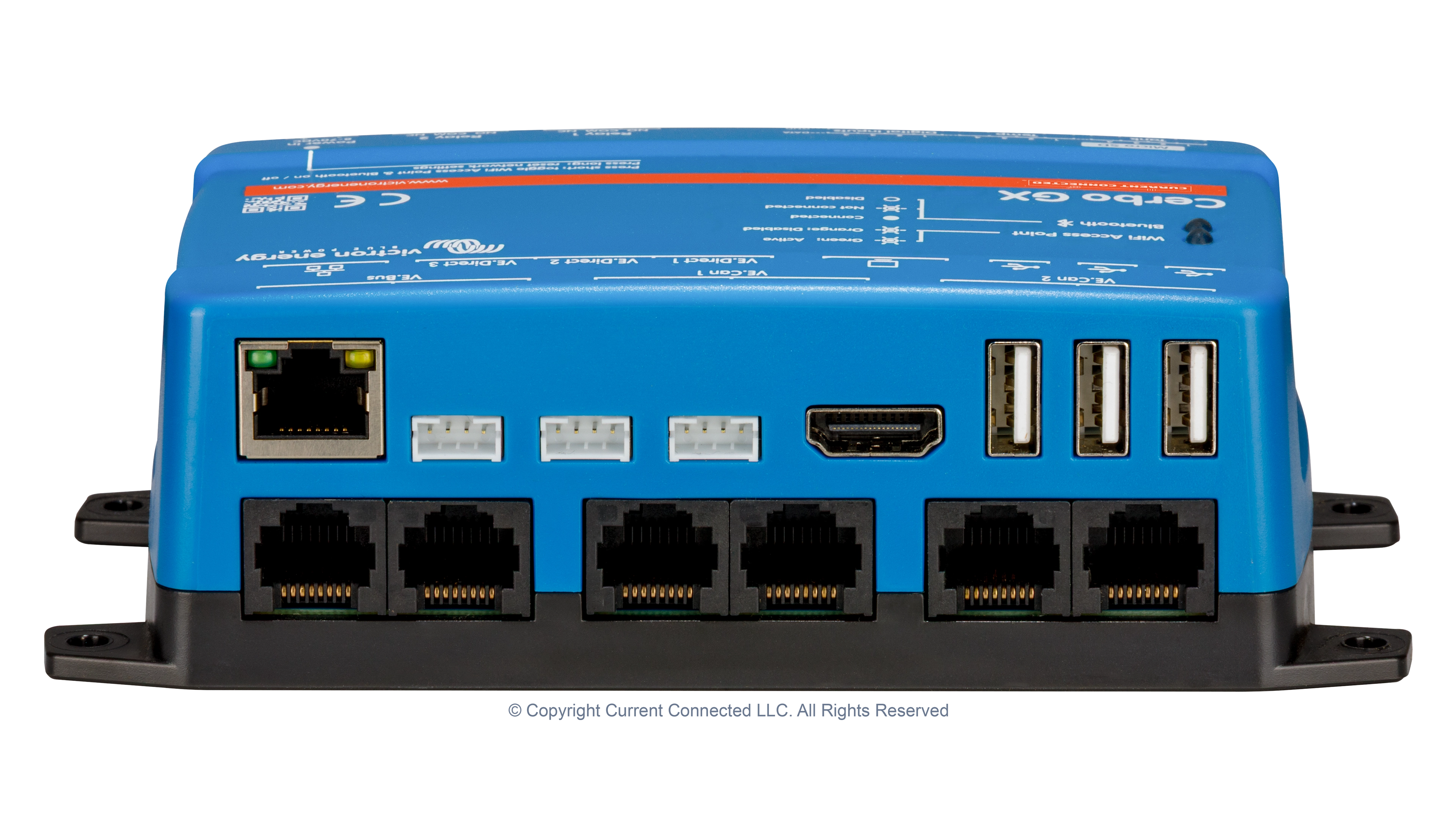 High quality photo of the top connections (VE.CAN, VE.BUS, VE.Direct, ethernet, HDMI) on the Victron BPP900451100 Cerbo GX MK2 System Controller - photographed by Current Connected