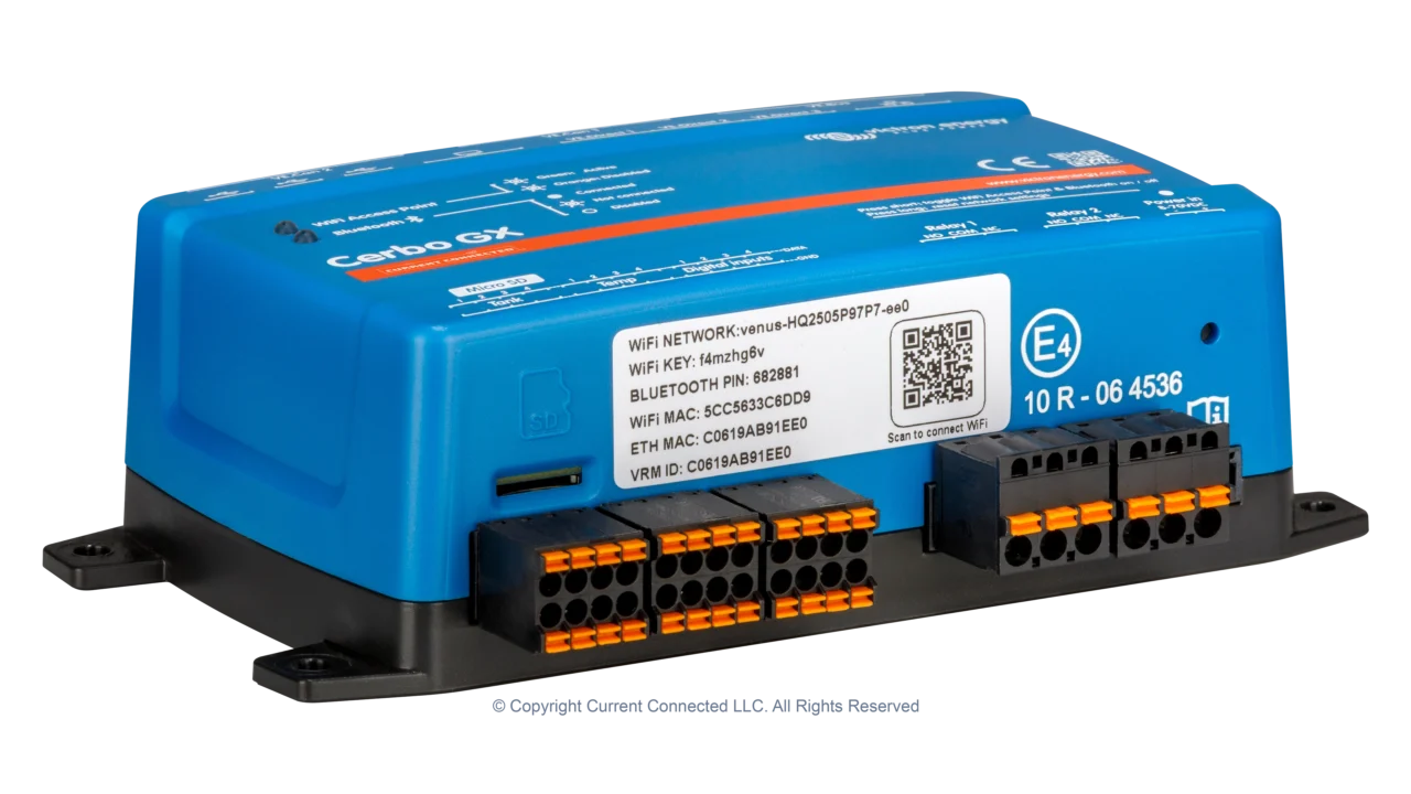 High quality photo of the digital and analog inputs on the bottom of the Victron BPP900451100 Cerbo GX MK2 System Controller - photographed by Current Connected