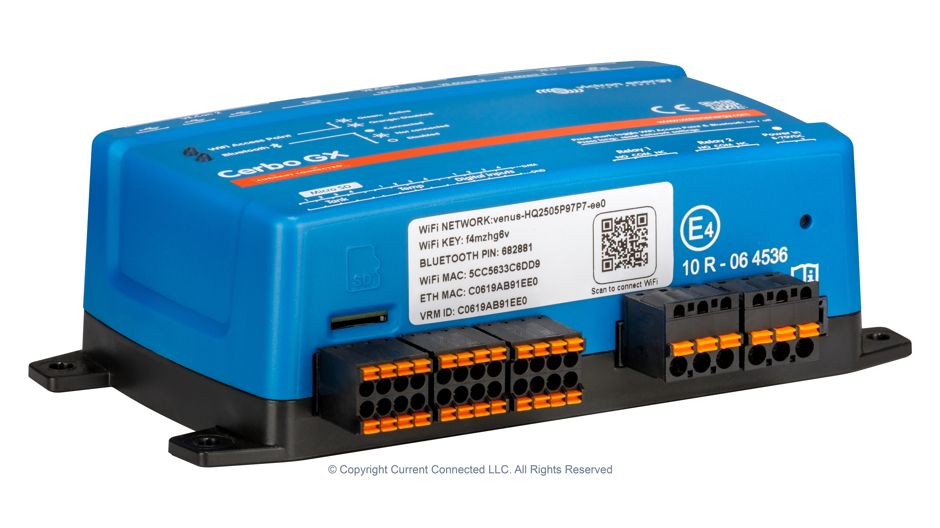 High quality photo of the digital and analog inputs on the bottom of the Victron BPP900451100 Cerbo GX MK2 System Controller - photographed by Current Connected