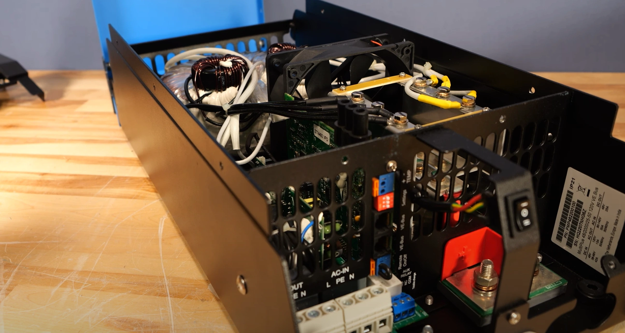 High quality photo of the inside components of the Victron MultiPlus 48/2000 Inverter featured in the Current Connected weekly newsletter. Photographed by Current Connected.