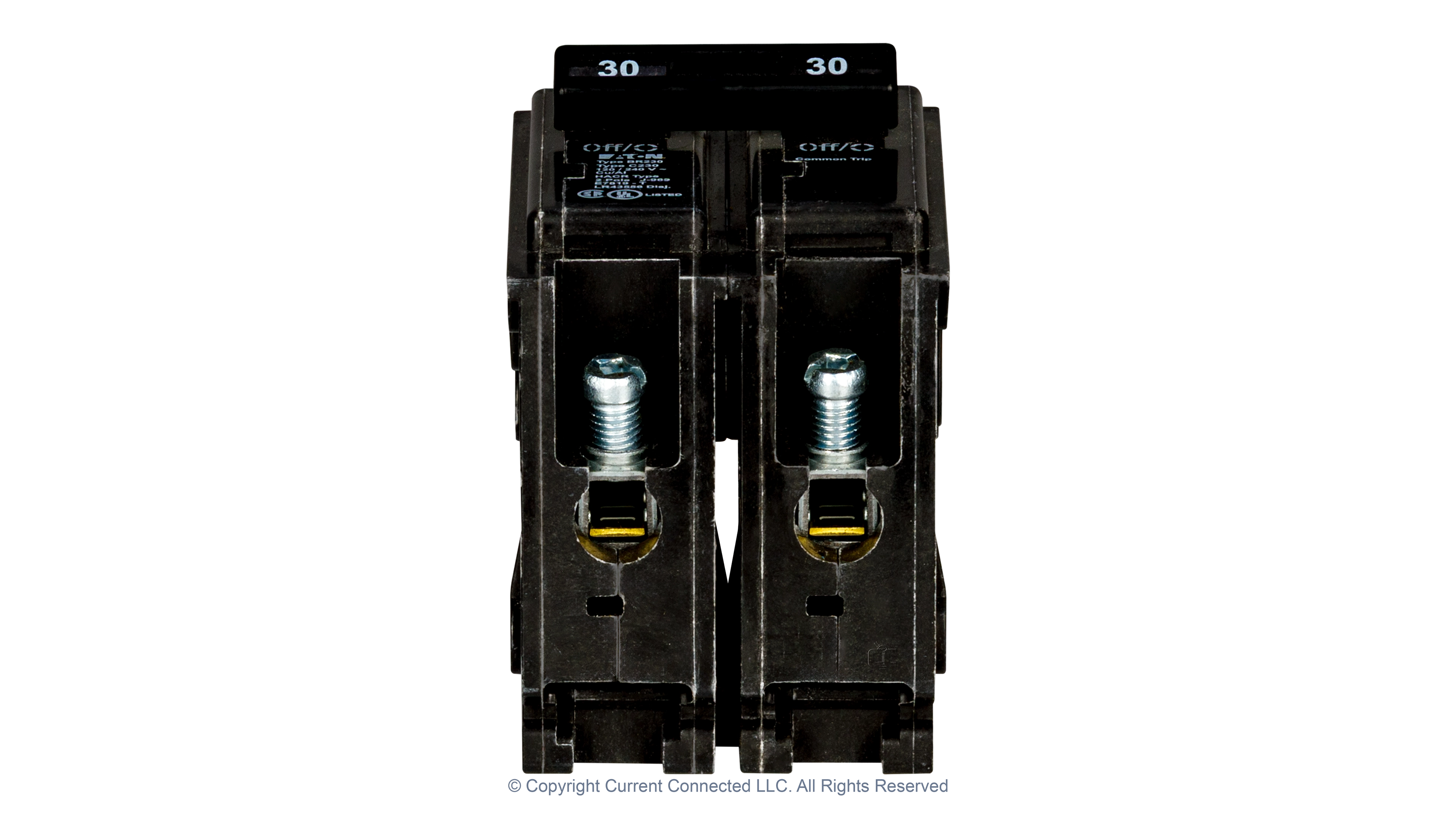 Eaton - BR2100 - Double Pole Breaker 30A - Bottom View High quality photo of the Eaton - BR2100 - Double Pole Breaker 15A - 50A - Bottom View. Photographed by Current Connected