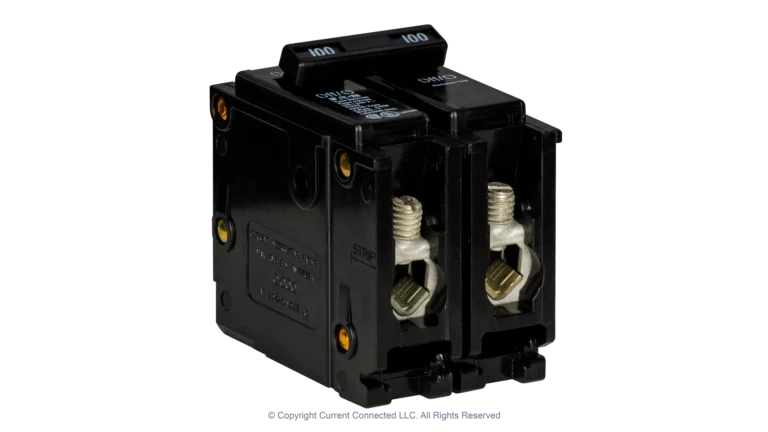 High quality photo of the Eaton - BR2100 - Double Pole Breaker 100A - Angled Left View. Photographed by Current Connected