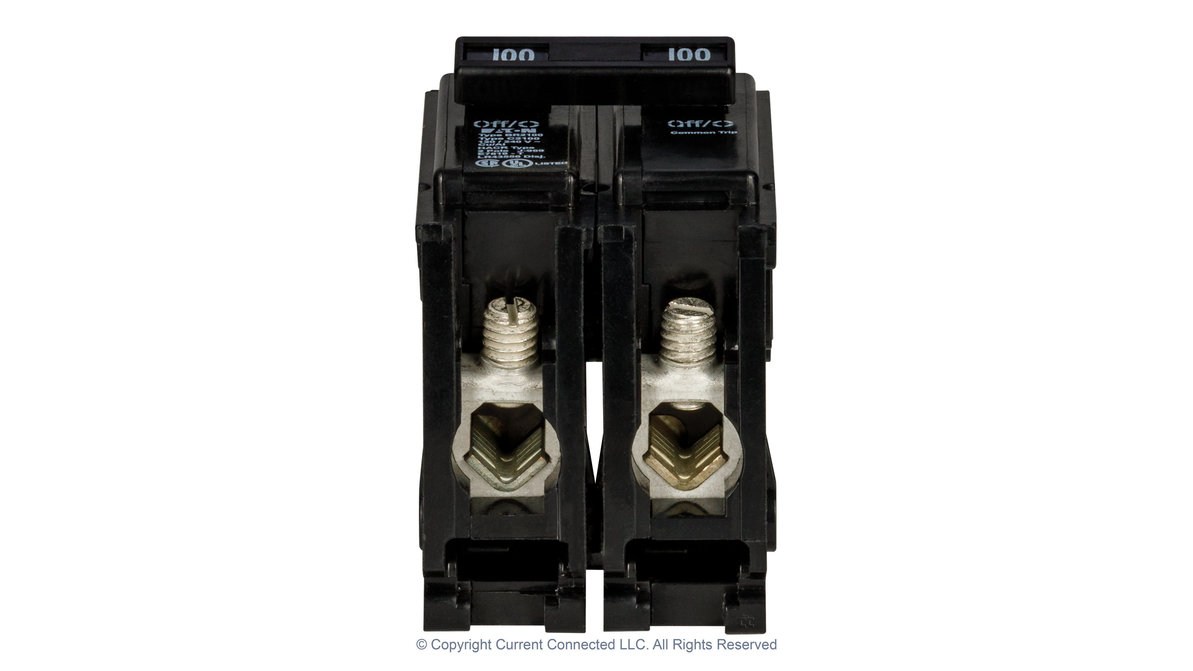 Eaton - BR2100 - Double Pole Breaker 100A - Bottom View High quality photo of the Eaton - BR2100 - Double Pole Breaker 60A - 125A - Bottom View. Photographed by Current Connected