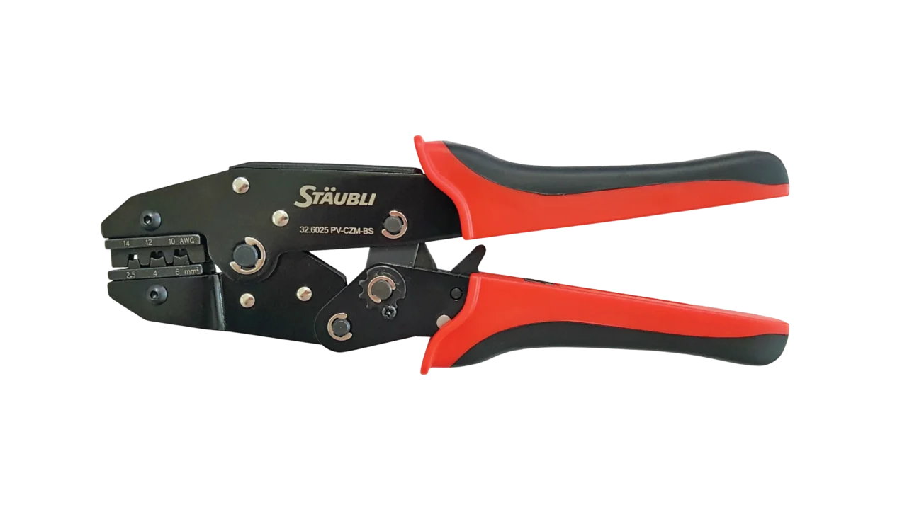 High quality photo of the Staubli - 32.6025 - PV-CZM-BS-Crimping-pliers - Front-View. Photographed by Current Connected
