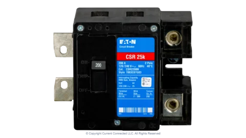 High quality photo of the Eaton - CSR2200N - CSR 200 Amp 2-Pole 25 kAIC Main Circuit Breaker - Front View. Photographed by Current Connected