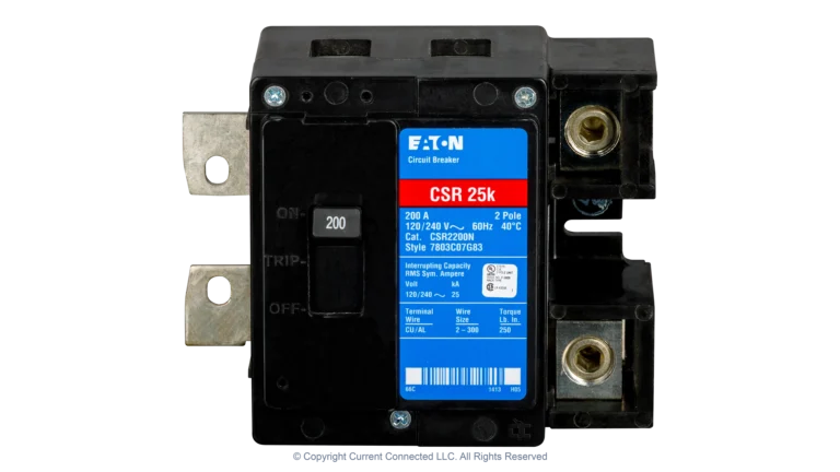 High quality photo of the Eaton - CSR2200N - CSR 200 Amp 2-Pole 25 kAIC Main Circuit Breaker - Front View. Photographed by Current Connected