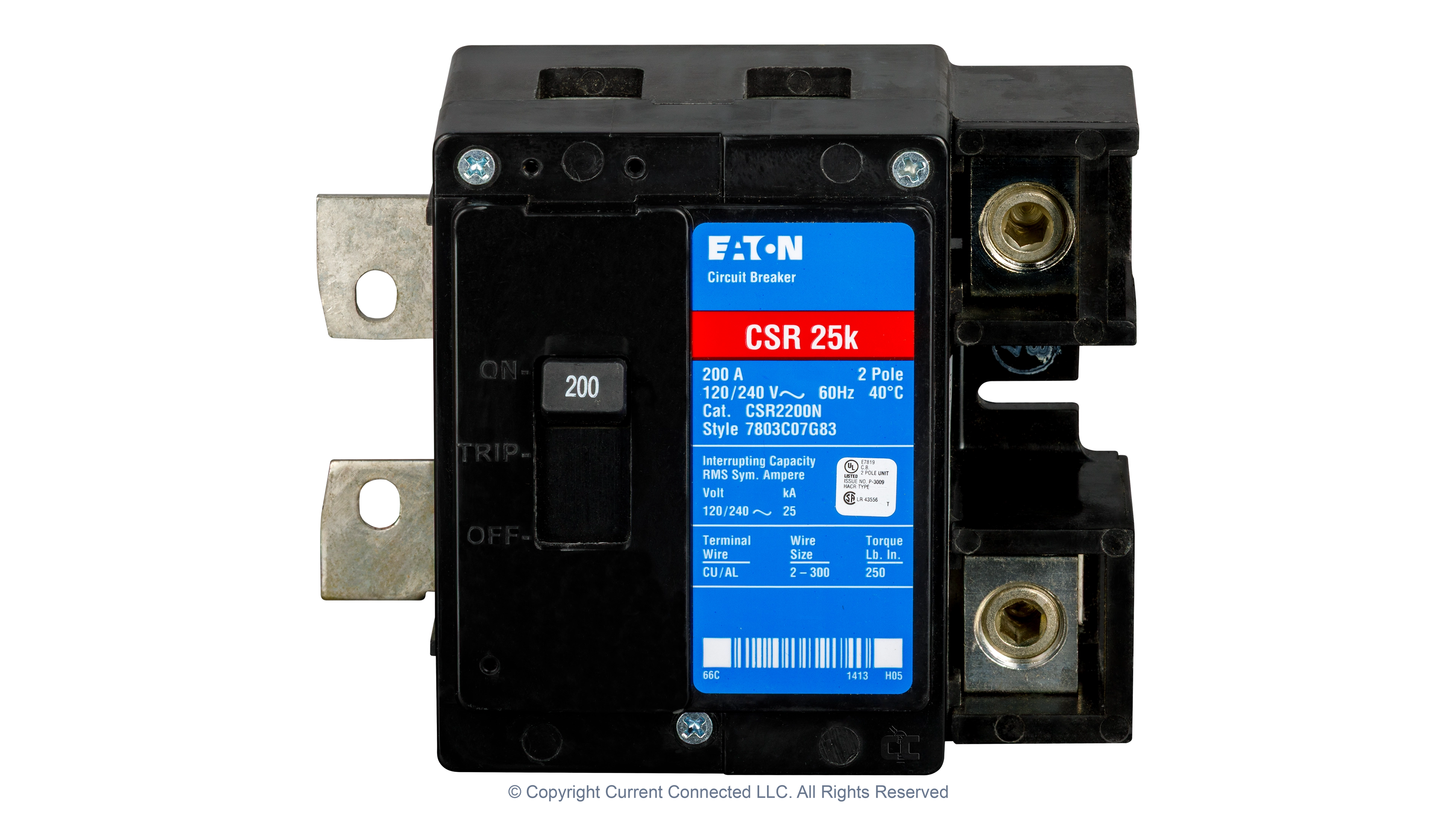 Eaton - CSR2200N - CSR 200 Amp 2-Pole 25 kAIC Main Circuit Breaker - Front View High quality photo of the Eaton - CSR2200N - CSR 200 Amp 2-Pole 25 kAIC Main Circuit Breaker - Front View. Photographed by Current Connected