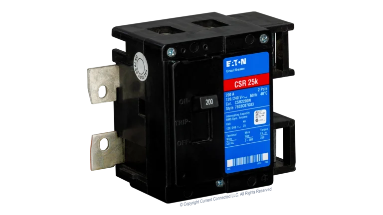 High quality photo of the Eaton - CSR2200N - CSR 200 Amp 2-Pole 25 kAIC Main Circuit Breaker - Angled Left View. Photographed by Current Connected