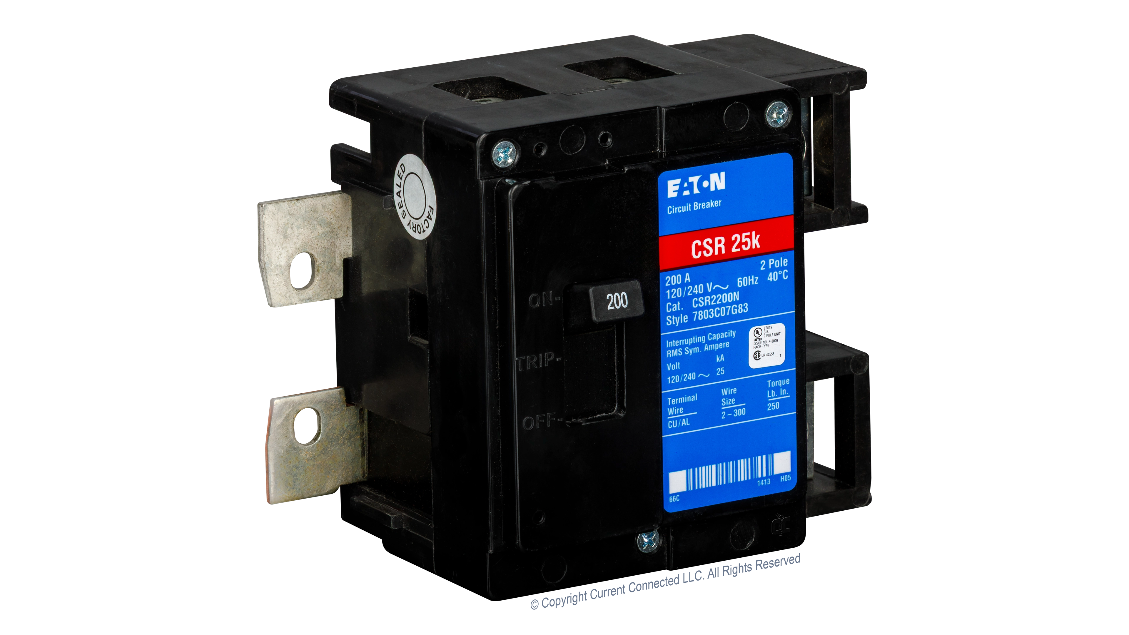 Eaton - CSR2200N - CSR 200 Amp 2-Pole 25 kAIC Main Circuit Breaker - Angled Left View High quality photo of the Eaton - CSR2200N - CSR 200 Amp 2-Pole 25 kAIC Main Circuit Breaker - Angled Left View. Photographed by Current Connected