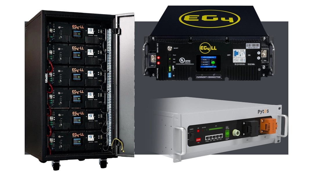 High quality photo of Batteries featured on Current Connected's website prominently featuring EG4 Products. Created by Current Connected for their shop categories.