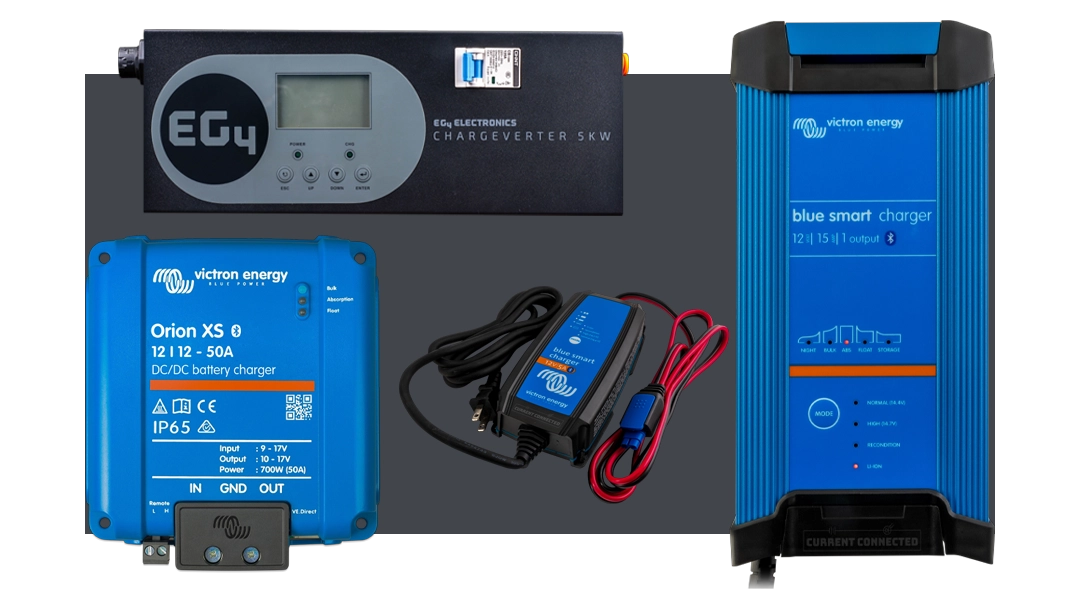 High quality photo of Chargers and Converters featured on Current Connected's website prominently featuring Victron and EG4 Products. Created by Current Connected for their shop categories.