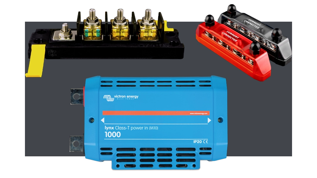High quality photo of DC Distrobution Bars featured on Current Connected's website prominently featuring Victron Products. Created by Current Connected for their shop categories.